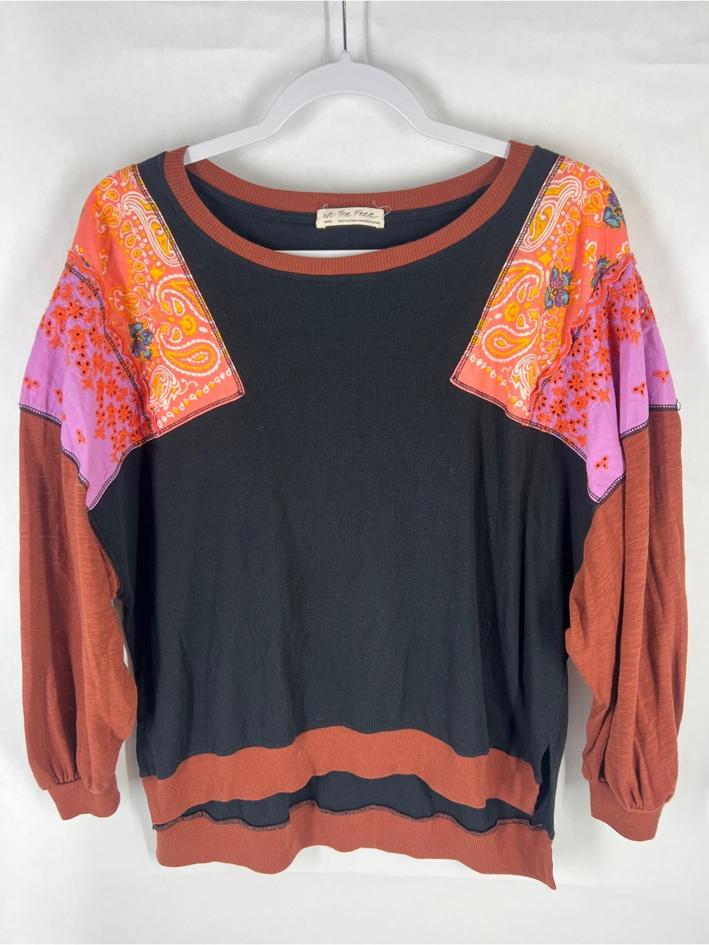 We The Free Patchwork Boho Sweatshirt Small Embroidered Paisley Pullover